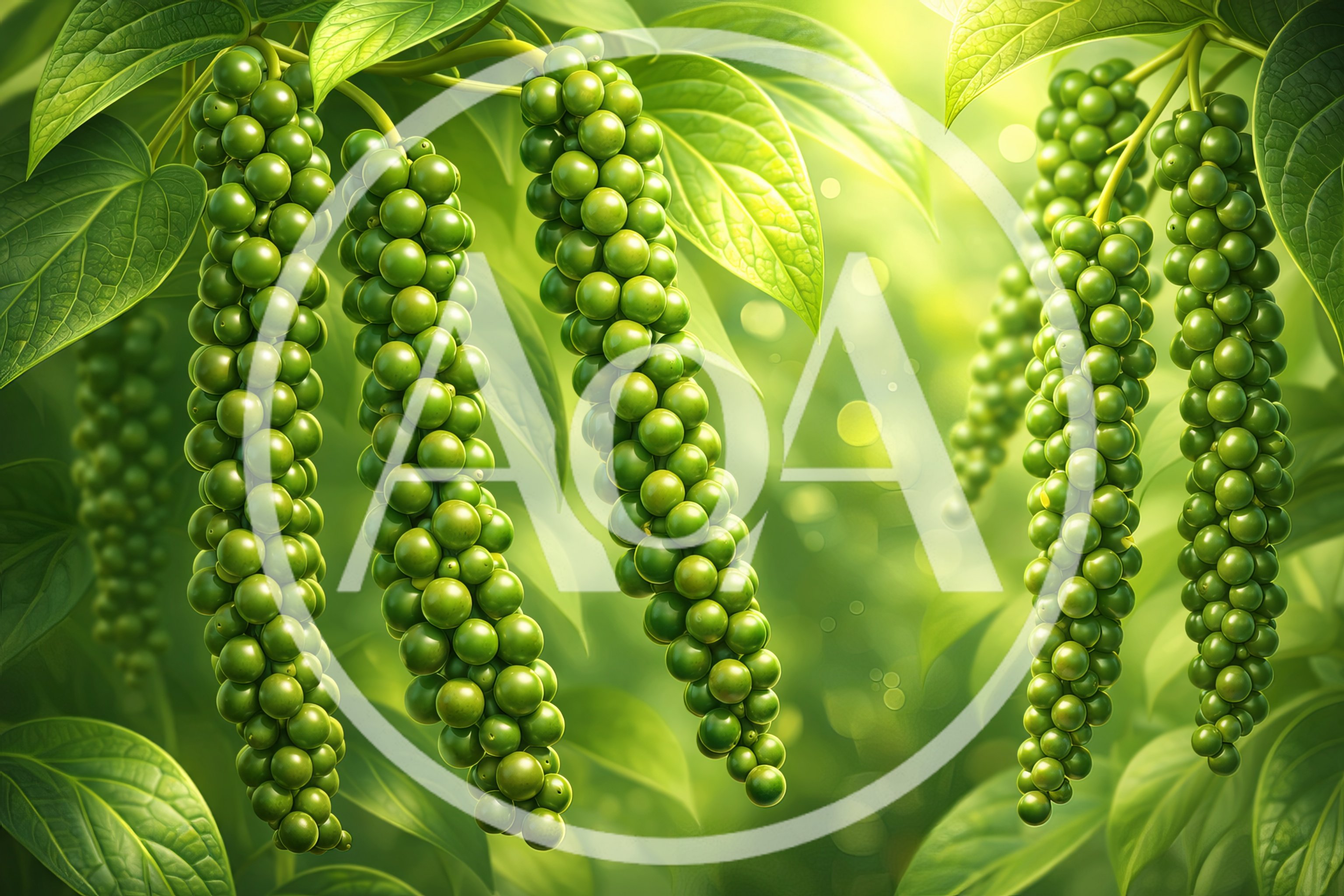 Fresh Green Peppercorns Hanging on Vines