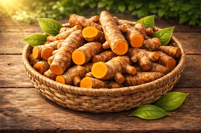 Fresh Turmeric Roots In A Woven Basket