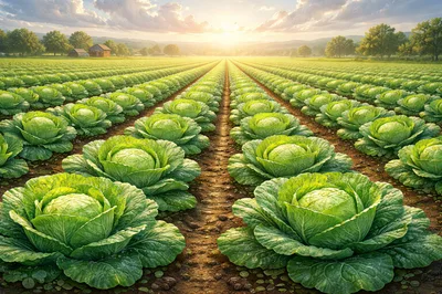 Rows Of Fresh Green Cabbages In A Sunny Field