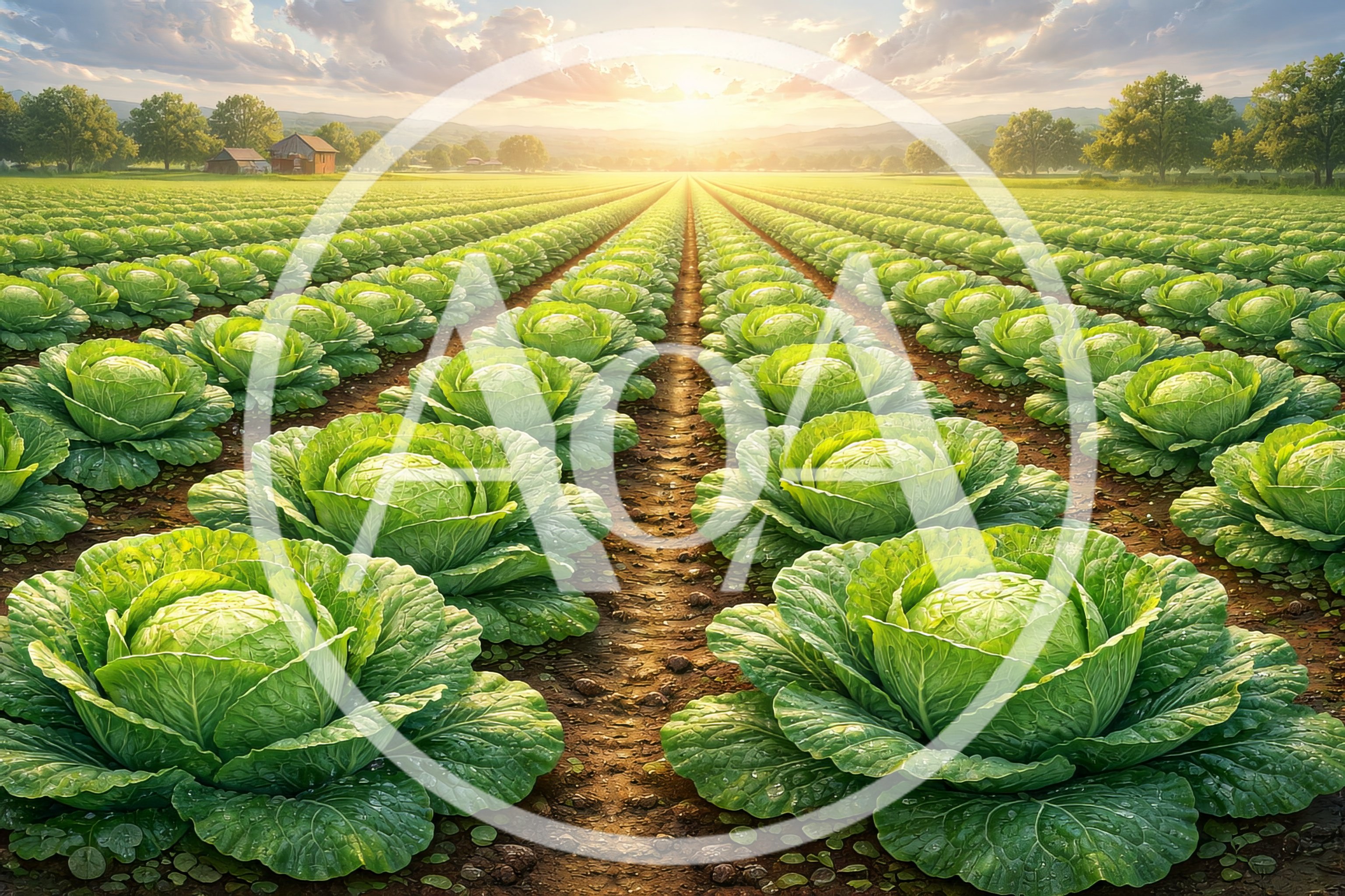 Rows Of Fresh Green Cabbages In A Sunny Field