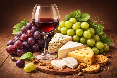 Wine Glass With Assorted Cheeses And Grapes