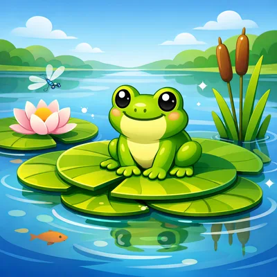 Cute Cartoon Frog Sitting On A Lily Pad