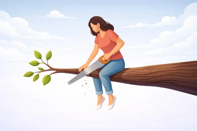 Woman Sawing Off The Tree Branch She Is Sitting On