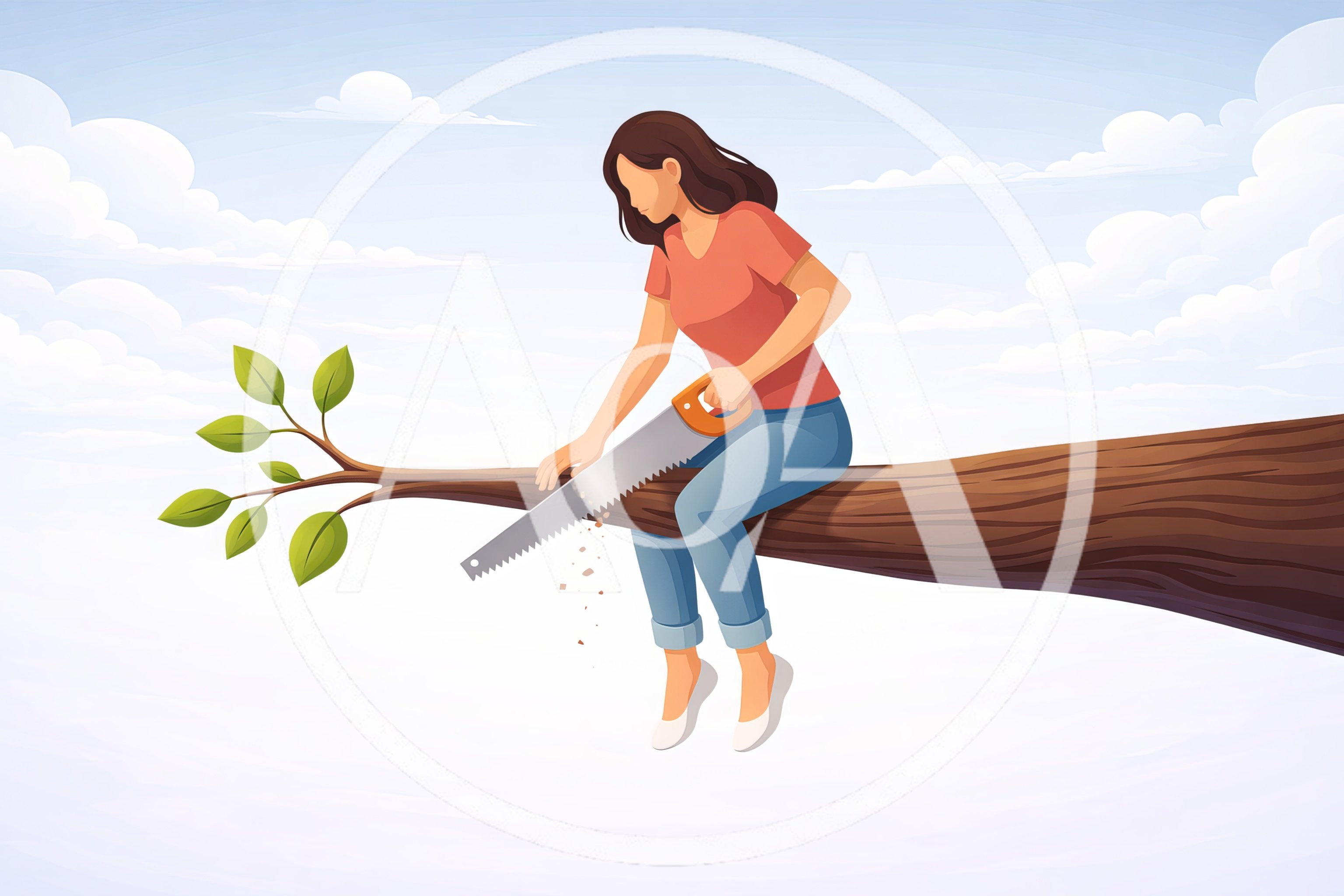 Woman Sawing Off The Tree Branch She Is Sitting On
