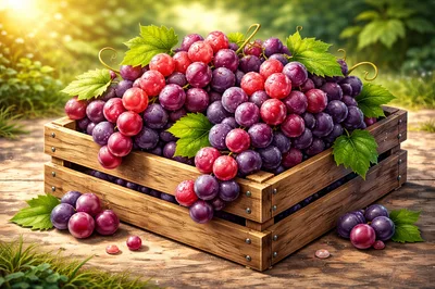 Fresh Red Grapes In A Wooden Crate