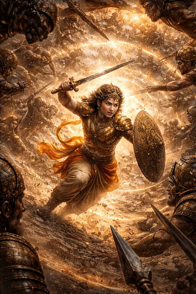 Warrior Princess Fighting In An Epic Golden Battlefield