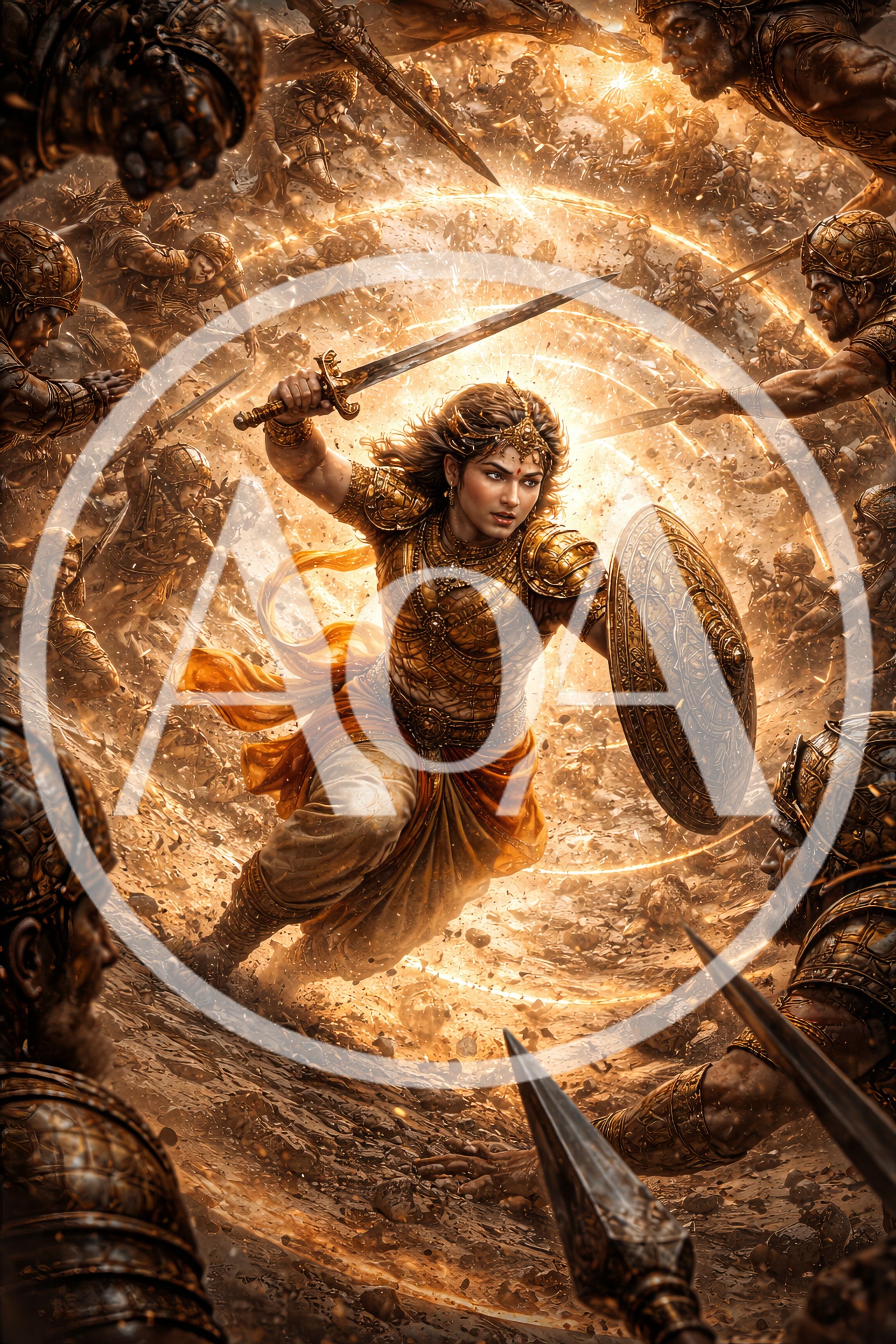 Warrior Princess Fighting In An Epic Golden Battlefield