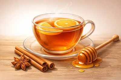 Glass Cup Of Hot Tea With Lemon And Honey