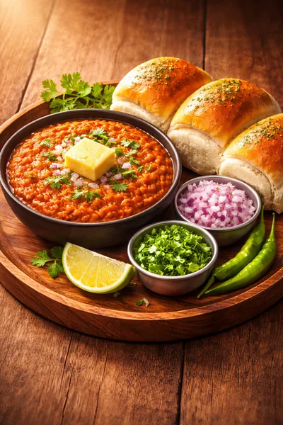Pav Bhaji Dish With Bread Rolls And Condiments