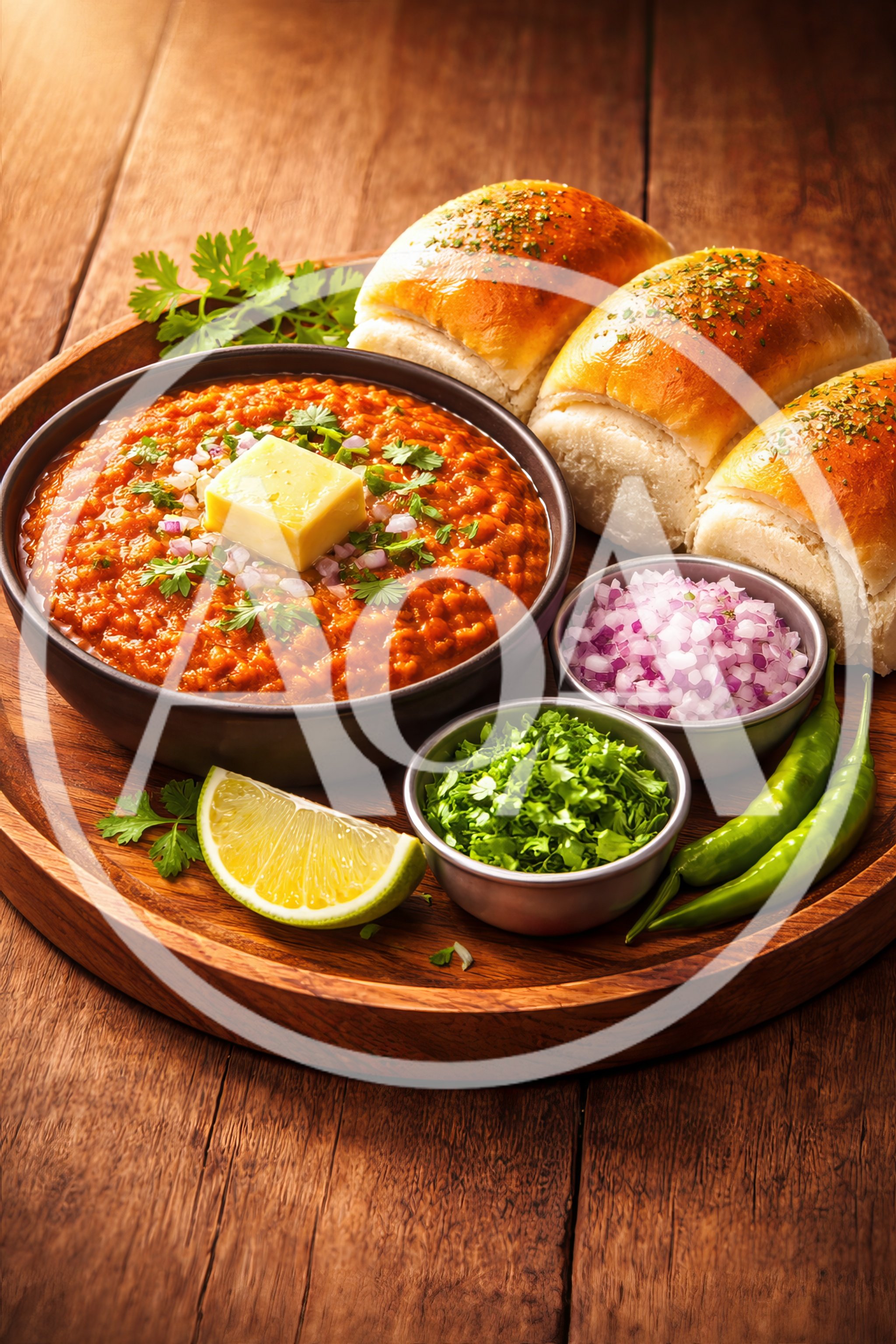 Pav Bhaji Dish With Bread Rolls And Condiments