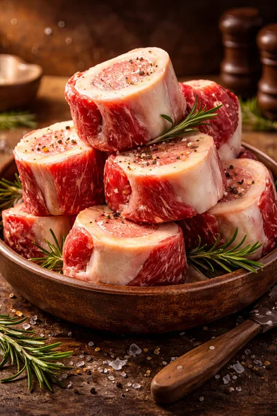 Raw Beef Bone Marrow Pieces In A Wooden Bowl