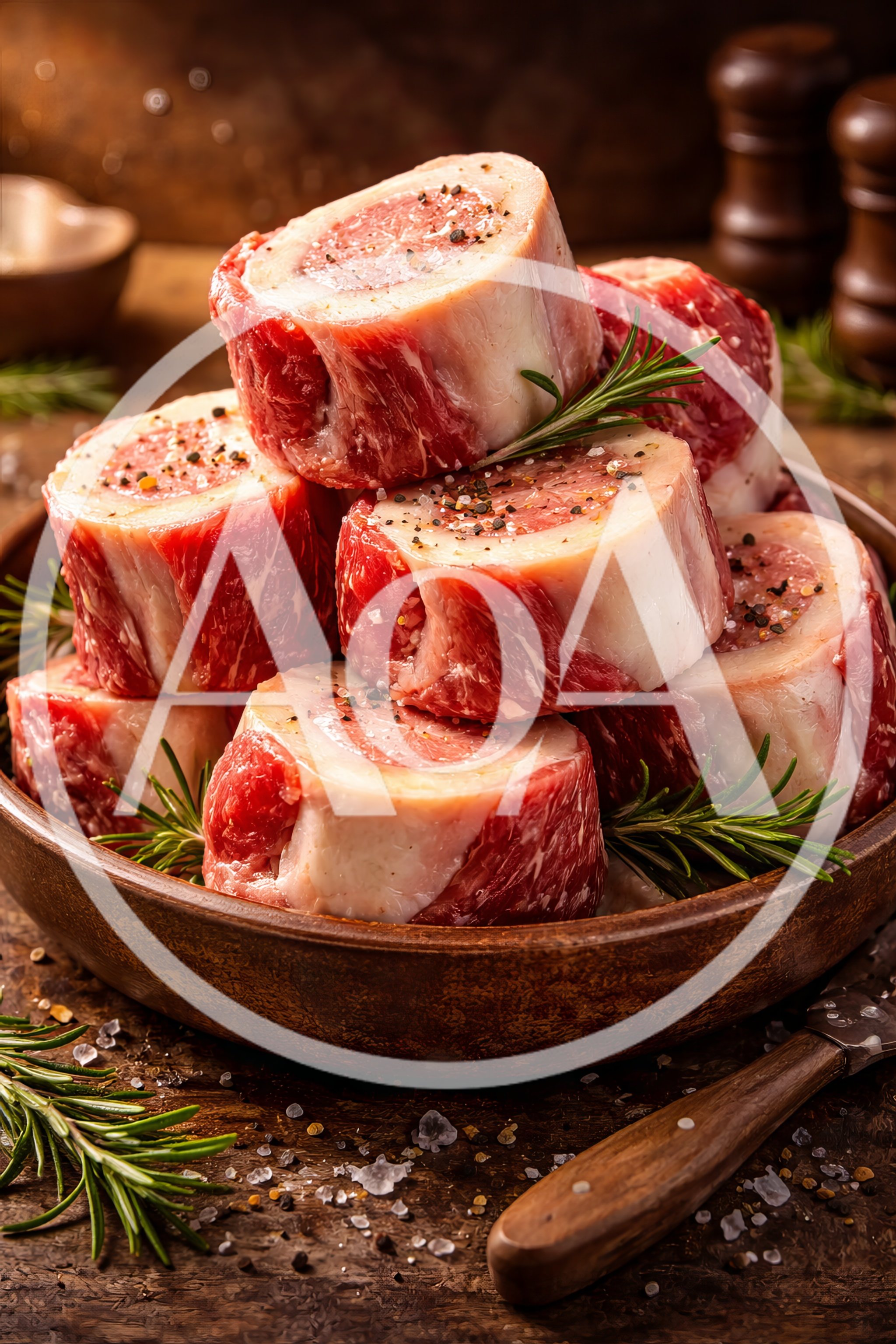 Raw Beef Bone Marrow Pieces In A Wooden Bowl