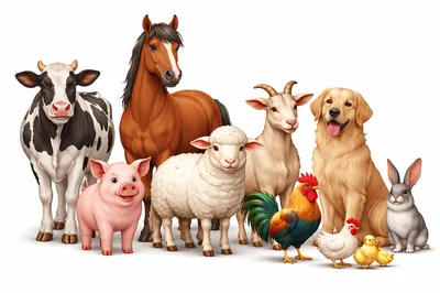Group Of Farm Animals Standing Together On White Background