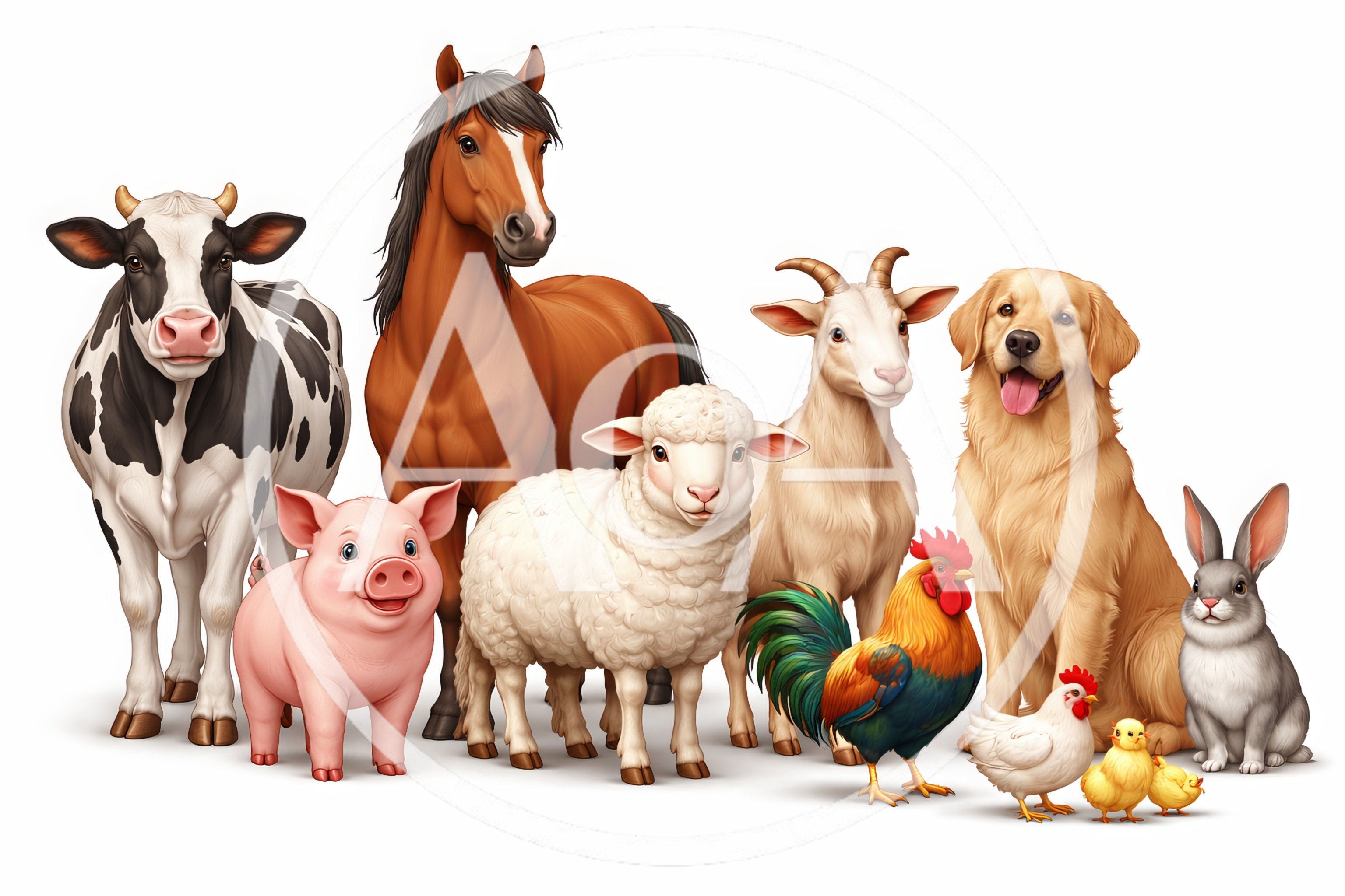 Group Of Farm Animals Standing Together On White Background