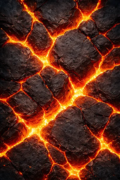 Molten Lava Flowing Between Dark Volcanic Rock Formations