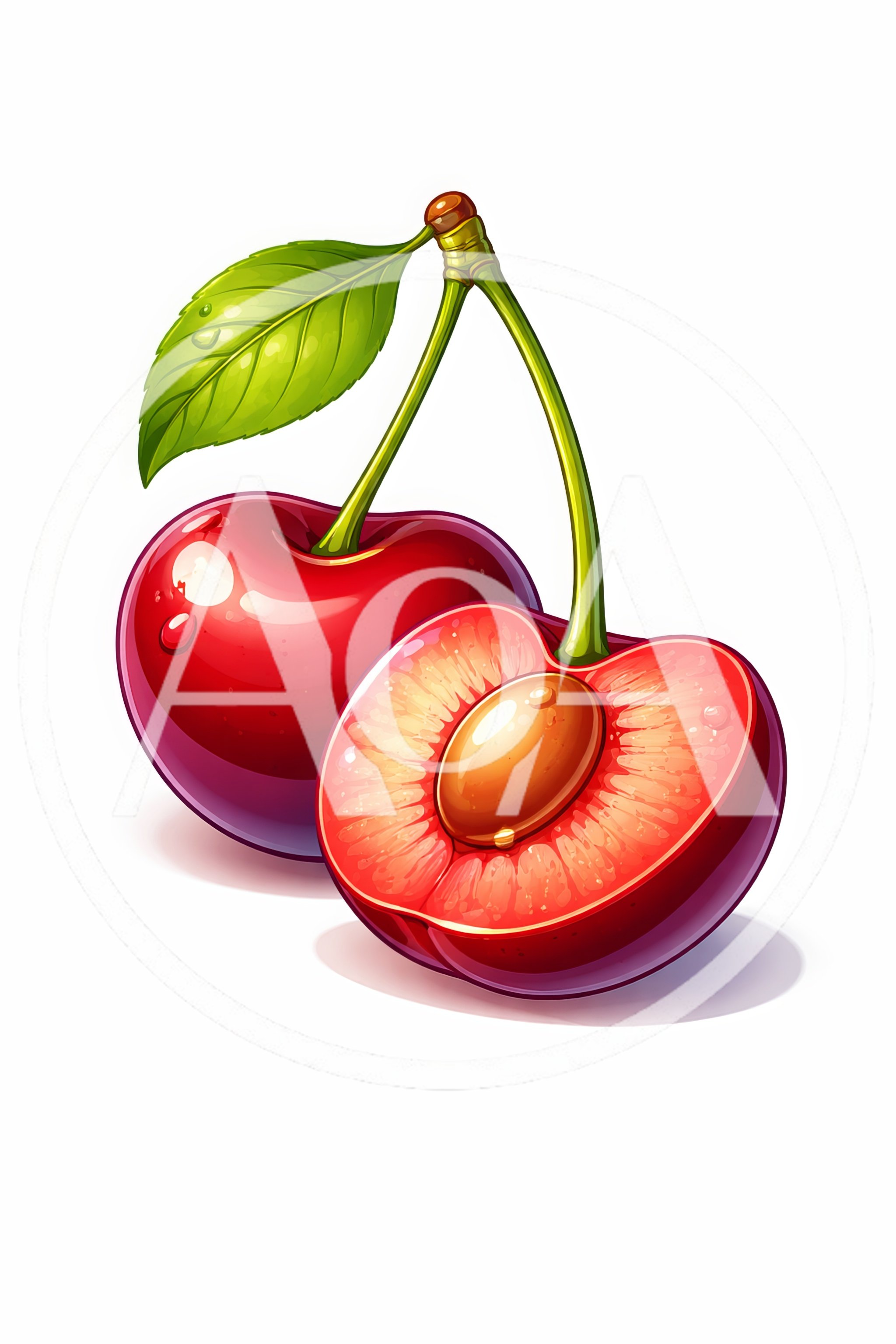 Fresh Red Cherries With Leaf And Pit