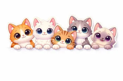Five Cute Cartoon Kittens Peeking Over A White Border