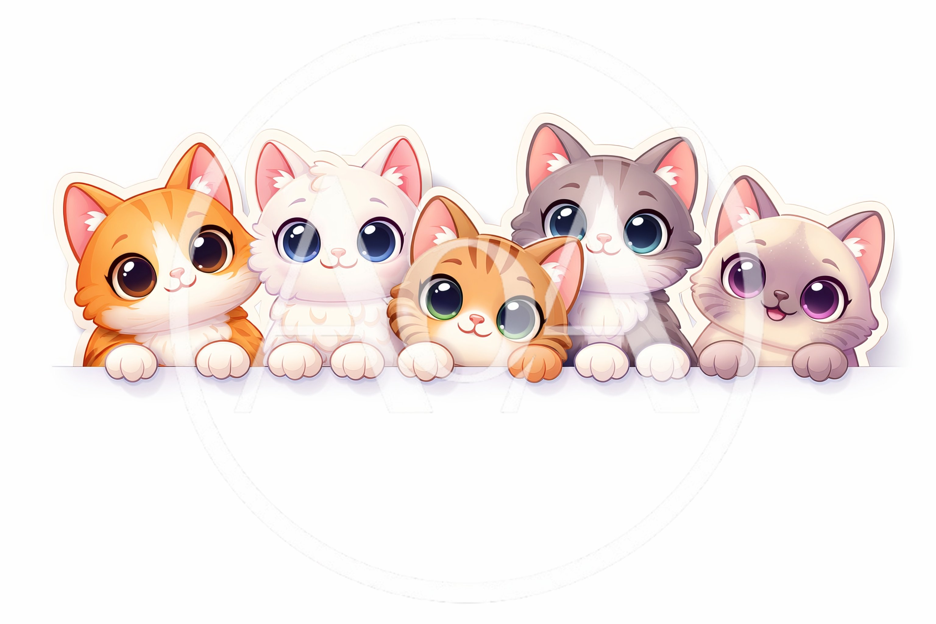 Five Cute Cartoon Kittens Peeking Over A White Border