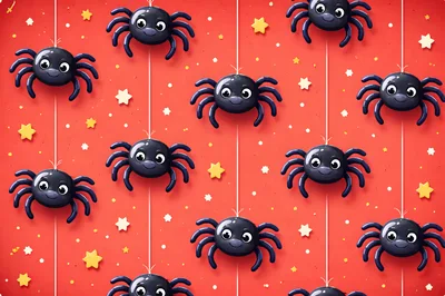Cute Cartoon Spider Pattern on Red Background