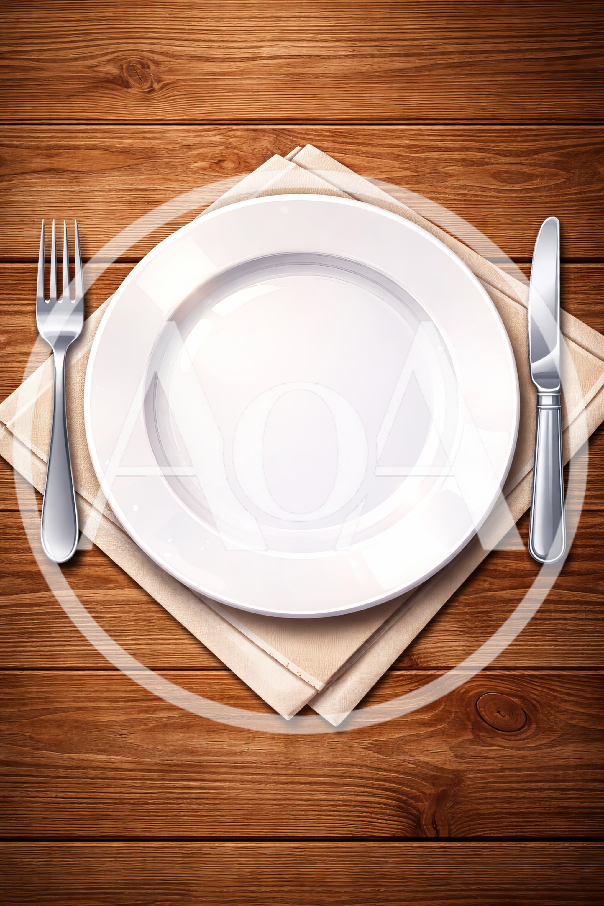 Empty White Plate With Cutlery On Wooden Table