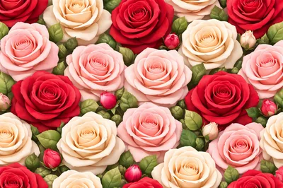 Seamless Pattern of Vibrant Mixed Roses