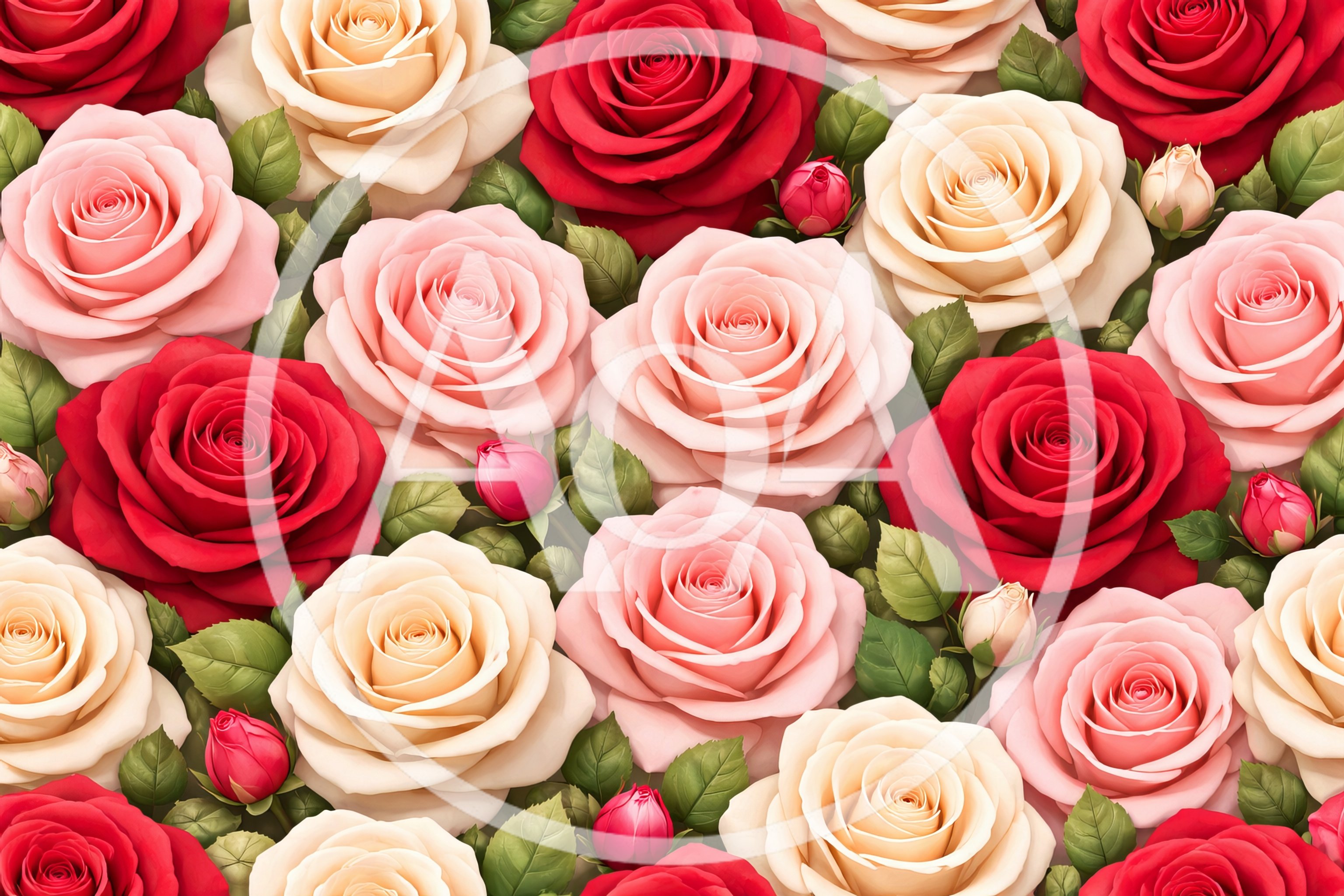 Seamless Pattern of Vibrant Mixed Roses