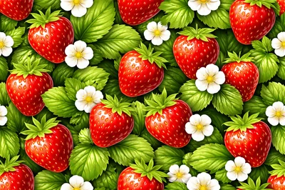 Seamless Pattern Of Fresh Red Strawberries And White Flowers