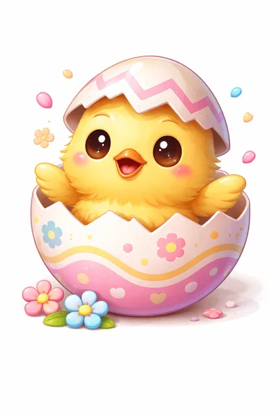 Cute Baby Chick Hatching From Decorated Easter Egg