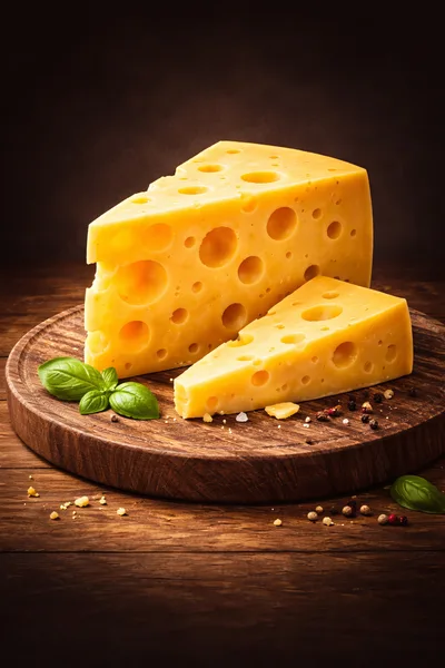 Two Wedges Of Swiss Cheese On A Wooden Board