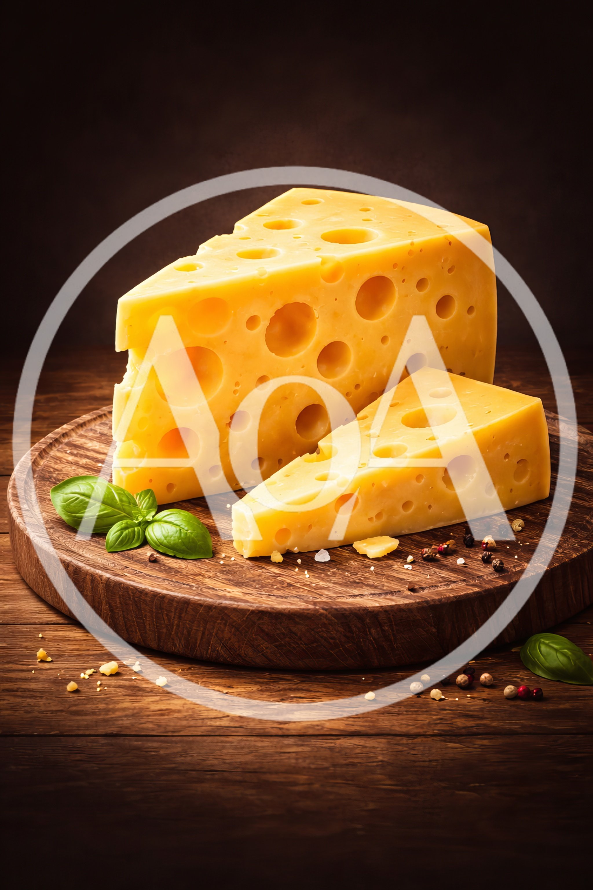 Two Wedges Of Swiss Cheese On A Wooden Board