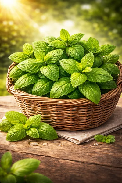 Fresh Green Mint Leaves In A Wicker Basket