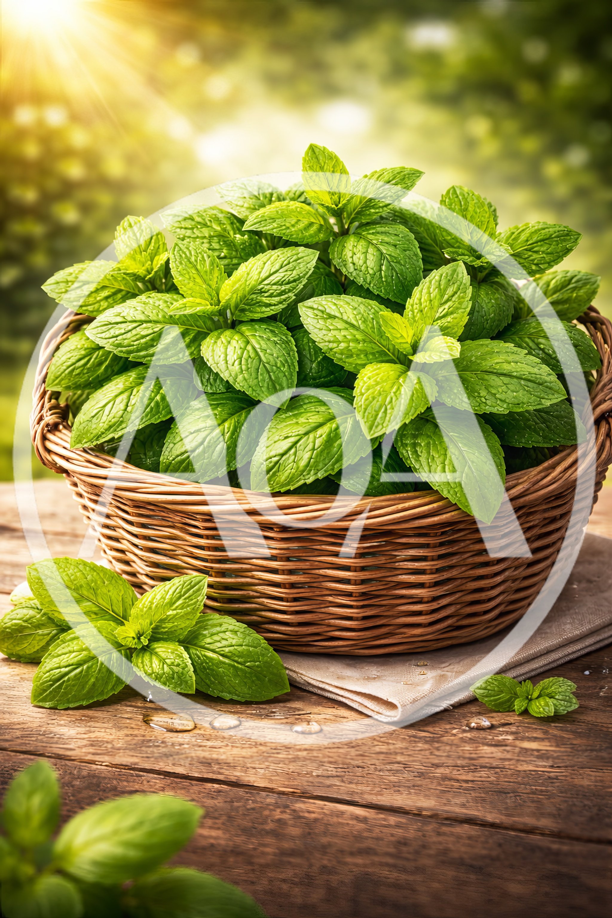 Fresh Green Mint Leaves In A Wicker Basket