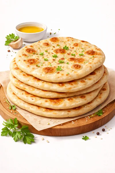 Stack Of Freshly Baked Flatbread On Wooden Board