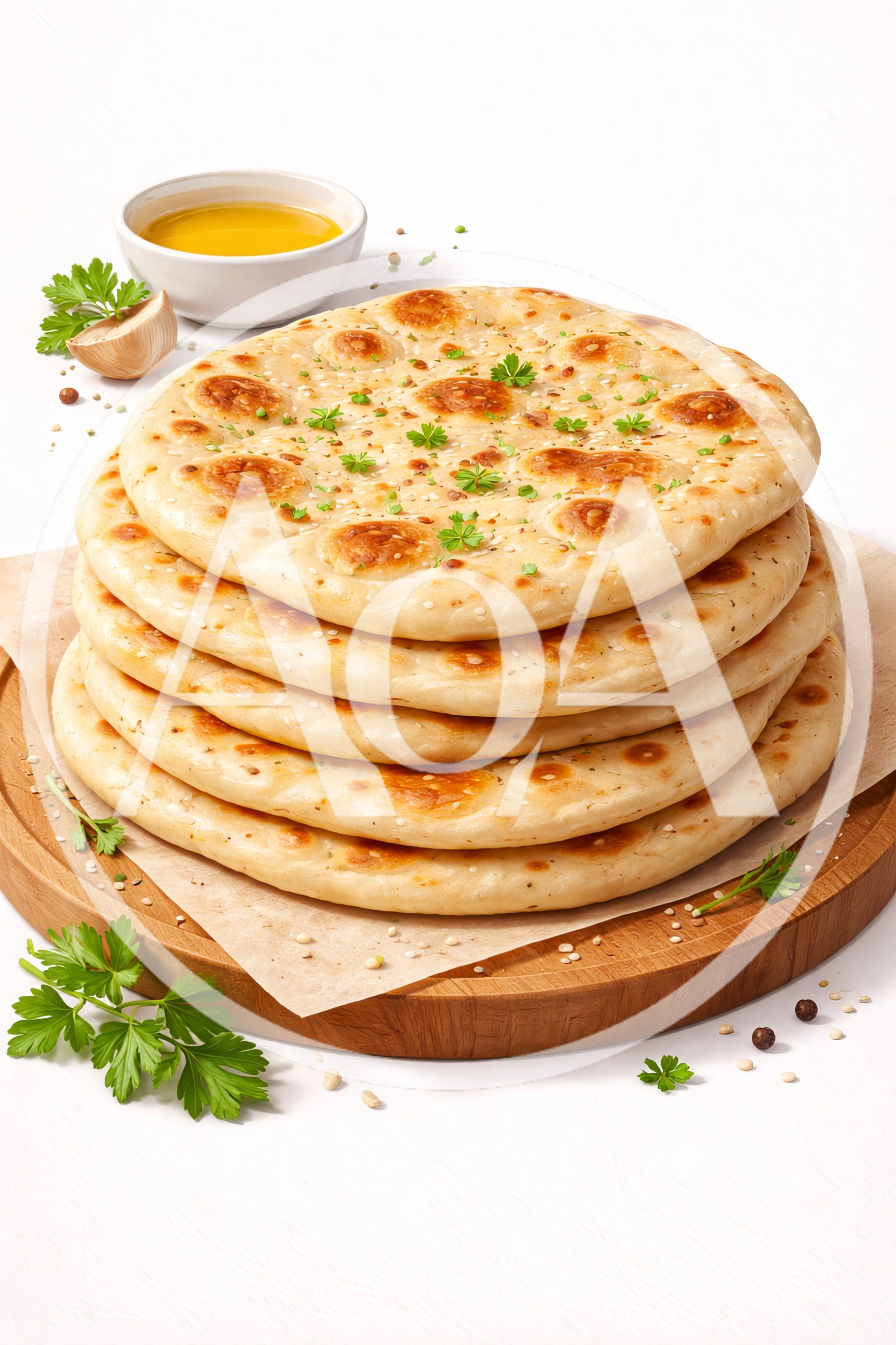 Stack Of Freshly Baked Flatbread On Wooden Board