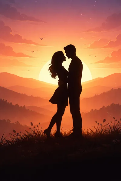 Silhouette Of A Romantic Couple Embracing At Sunset