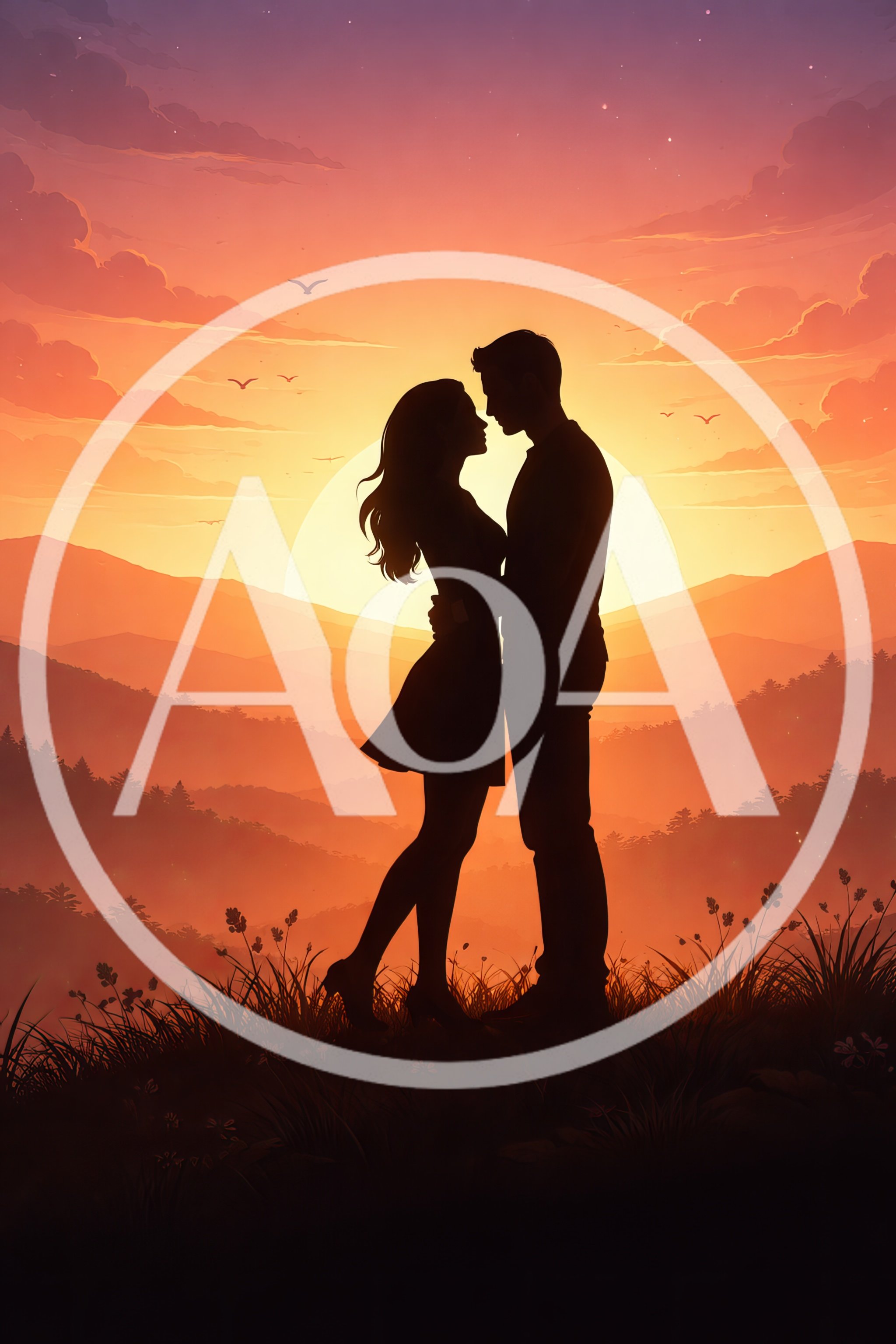 Silhouette Of A Romantic Couple Embracing At Sunset