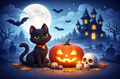 Cute Black Cat With Jack O Lantern And Skull