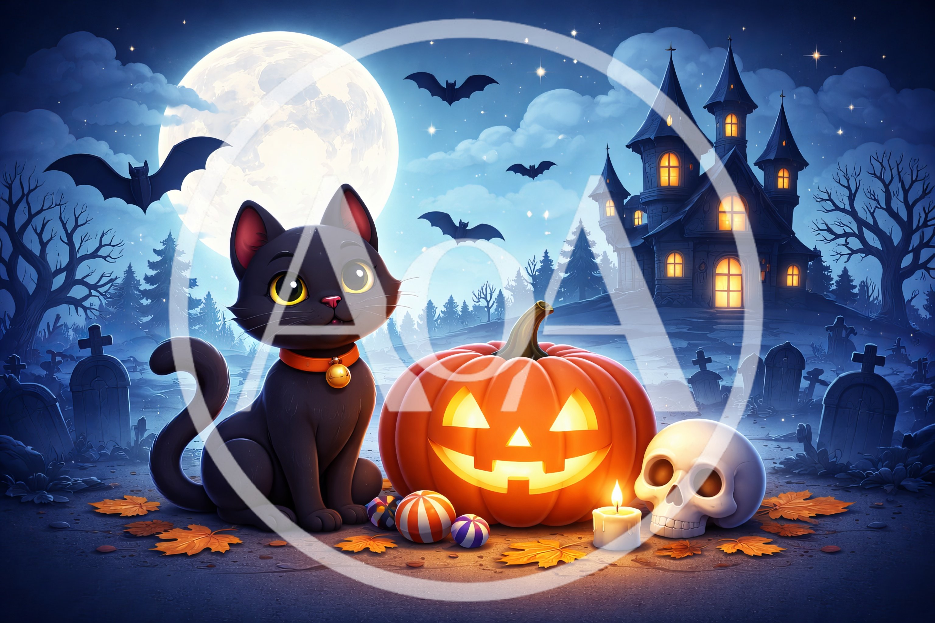 Cute Black Cat With Jack O Lantern And Skull