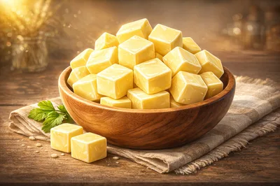 Wooden Bowl Filled With Cubes Of Fresh Butter