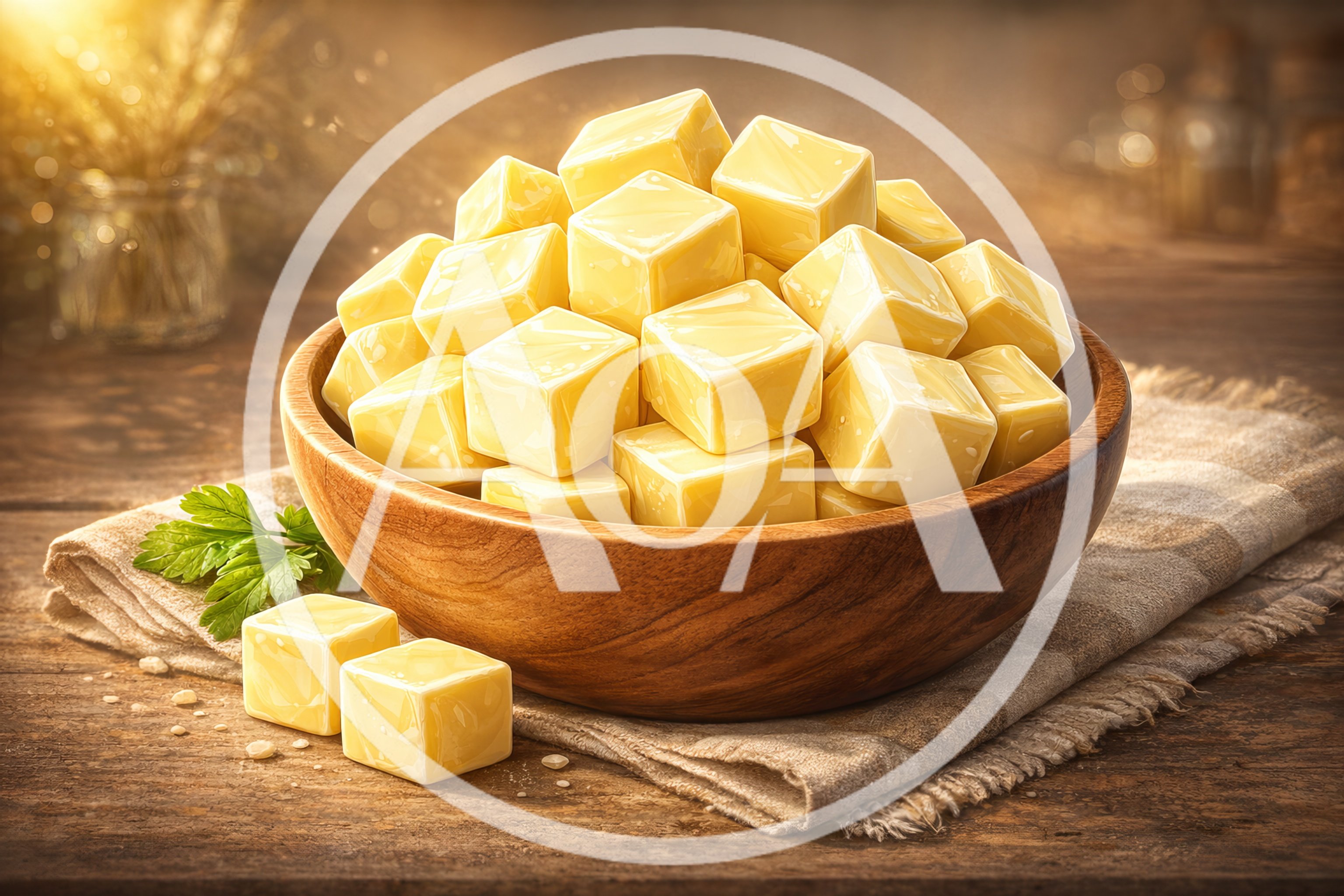 Wooden Bowl Filled With Cubes Of Fresh Butter