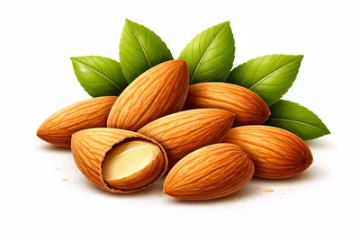 Group Of Fresh Almonds With Green Leaves