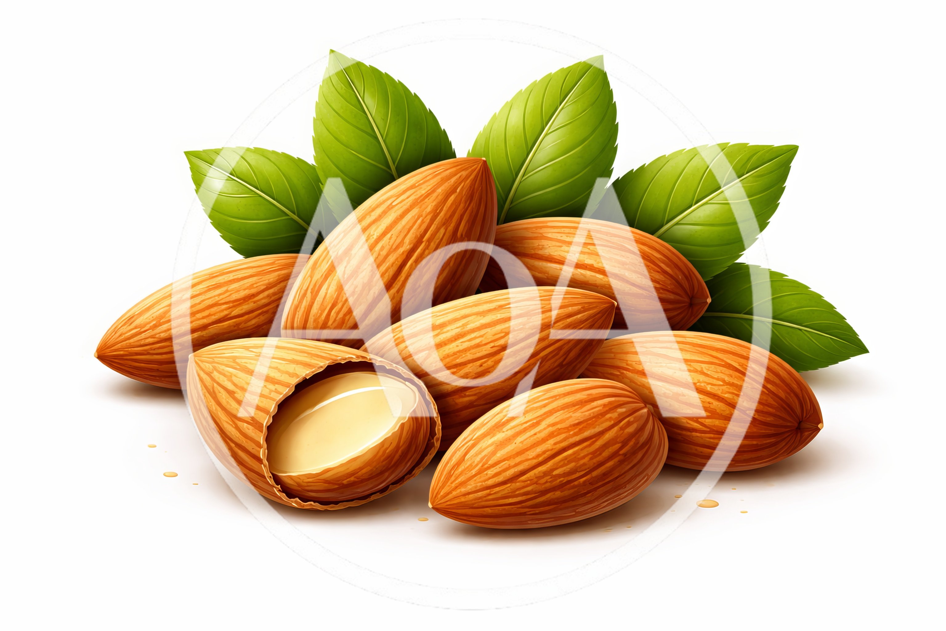 Group Of Fresh Almonds With Green Leaves