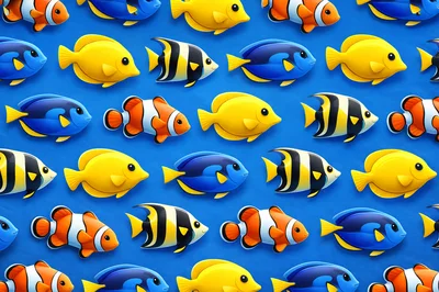 Pattern of Colorful Tropical Fish on Blue Background