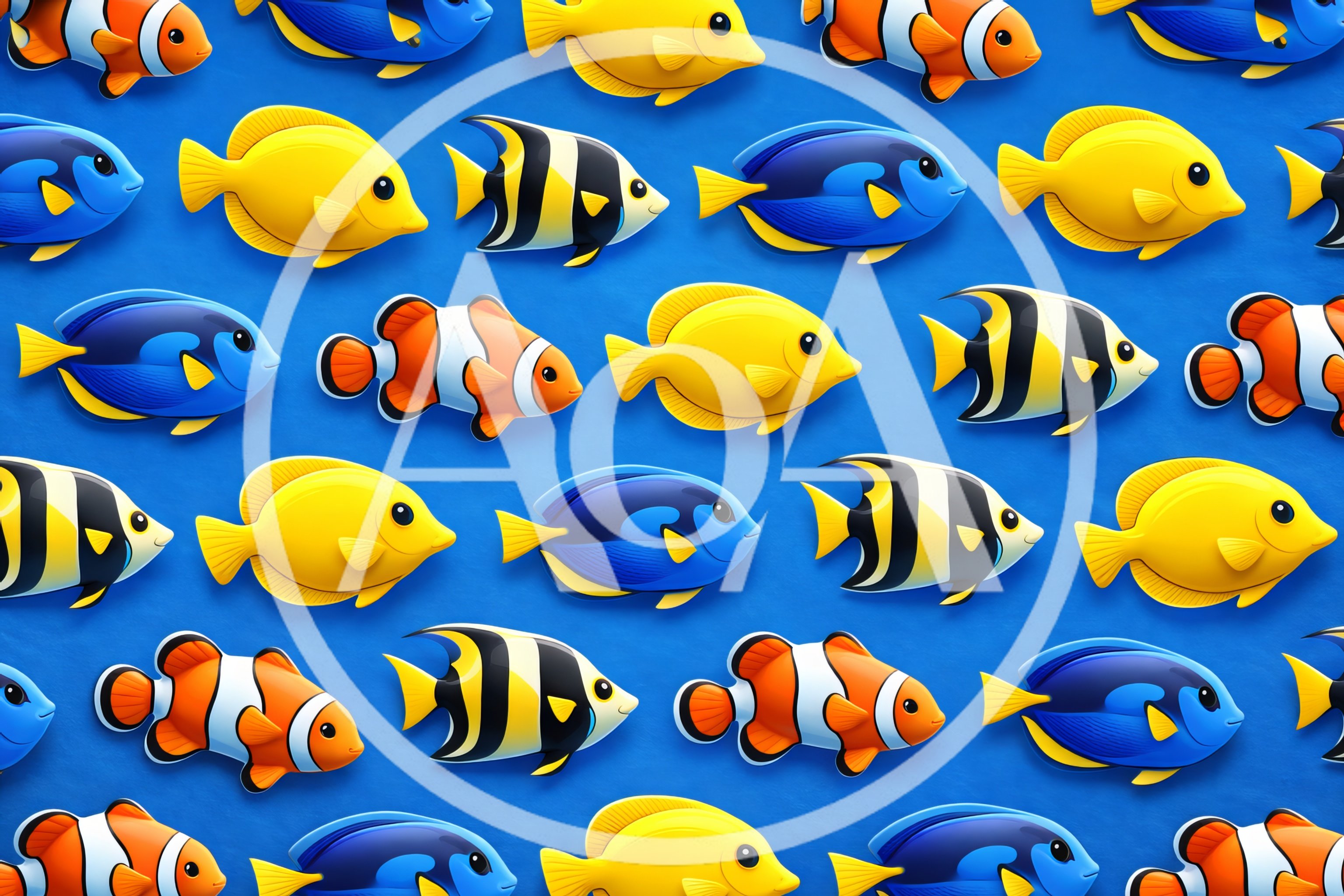 Pattern of Colorful Tropical Fish on Blue Background