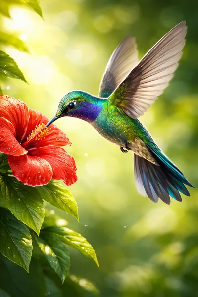 Vibrant Hummingbird Feeding From A Red Hibiscus Flower