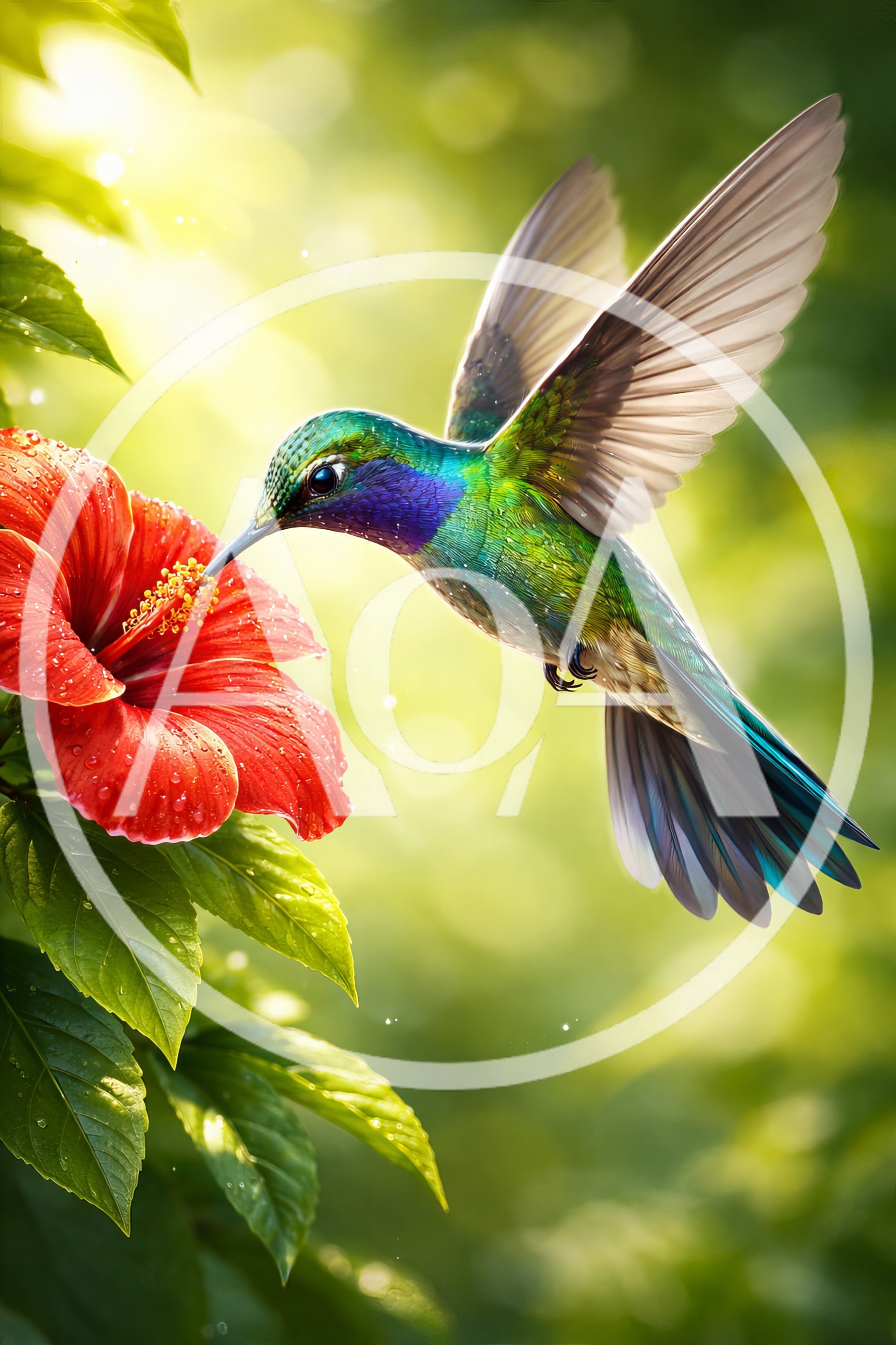 Vibrant Hummingbird Feeding From A Red Hibiscus Flower