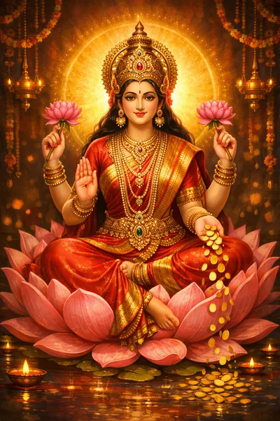 Goddess Lakshmi Sitting On A Lotus Flower