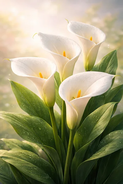 Elegant White Calla Lilies With Dew Drops
