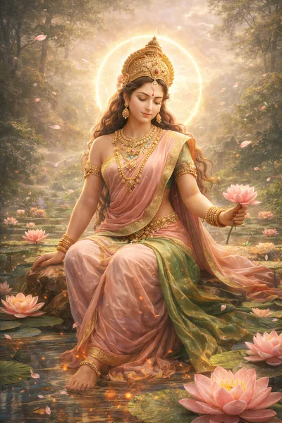 Hindu Goddess Lakshmi Sitting Amidst Blooming Lotus Flowers