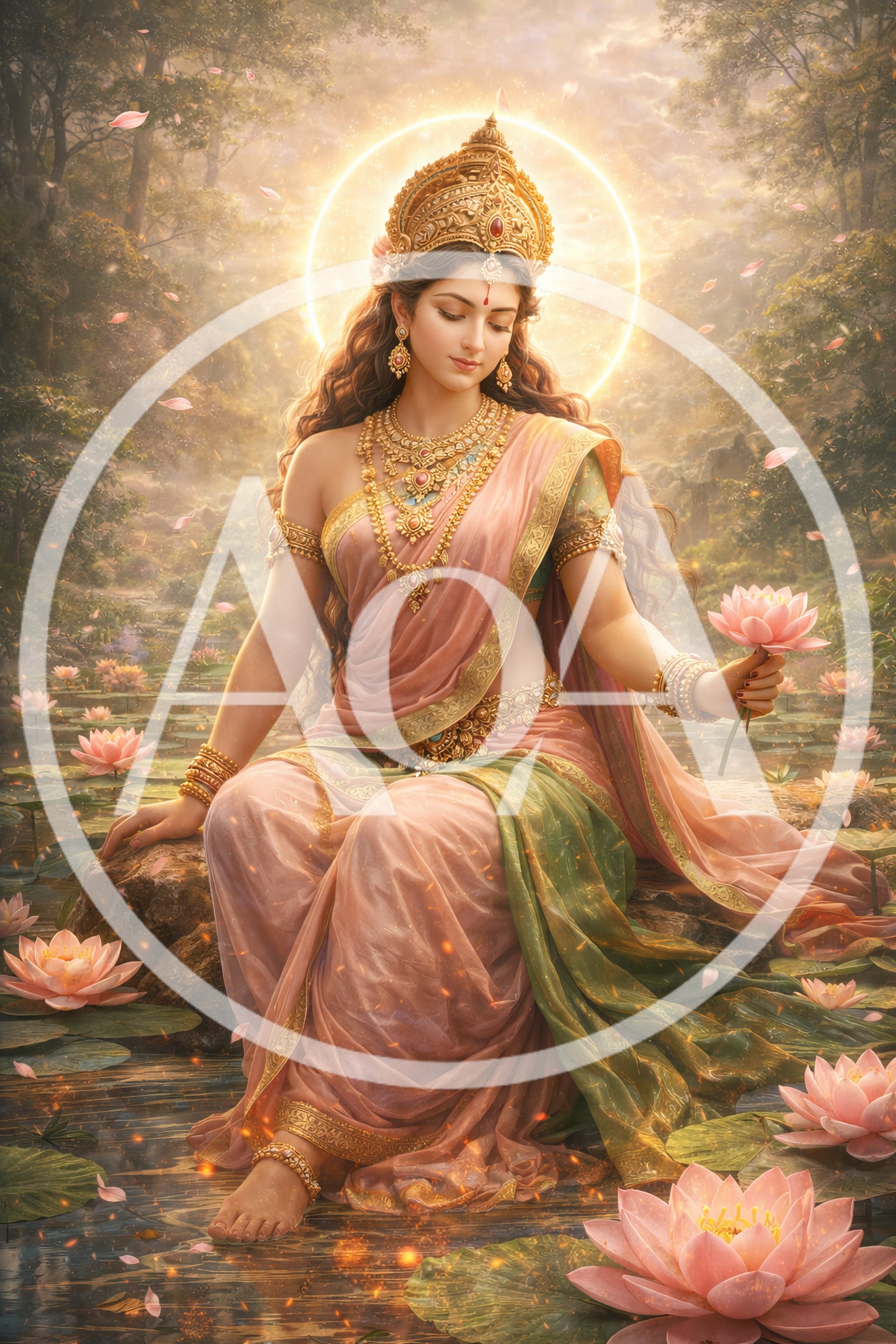 Hindu Goddess Lakshmi Sitting Amidst Blooming Lotus Flowers